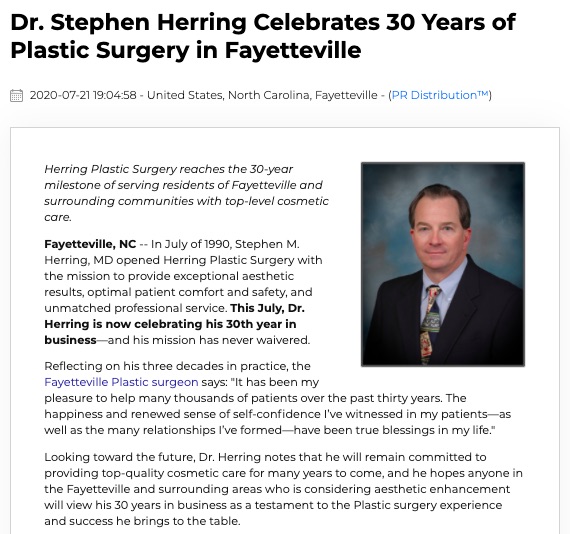 Dr. Herring Celebrates 30 Years of Plastic Surgery in Fayetteville NC